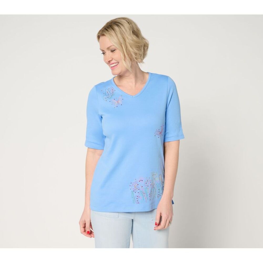 Quacker Factory Women's Top Sz M Bright Beautiful Bouquet Elbow Blue A685005